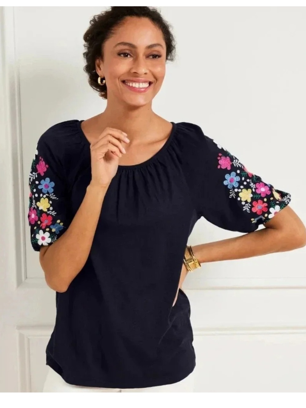Talbots Women's Navy Embroidered  Elbow Length Sleeve Cotton Blend Top Size XL